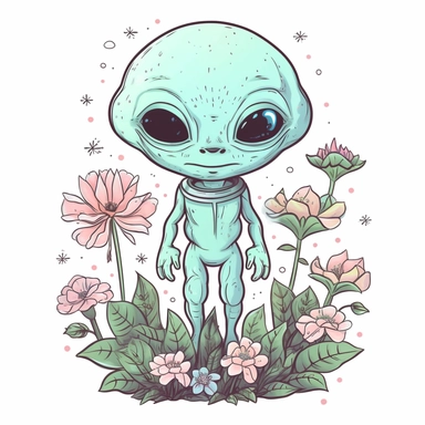 sticker, thick border, the green alien stands in the middle of flowers, in the style of charming sketches, cute and dreamy, light blue and pink, child-like innocence, pulpy sci-fi, tattoo, alan bean, clipart, vector, contour, solid white background