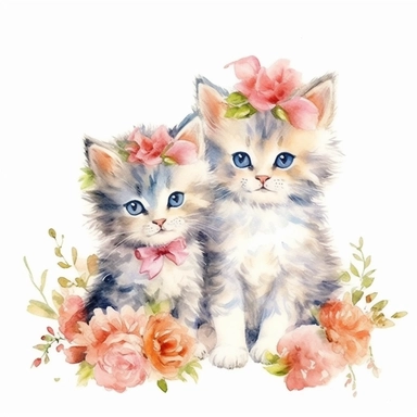 watercolor clipart, cute, fluffy, playfull, baby cats, floral headbands, painted, high quality, detailed, white background,