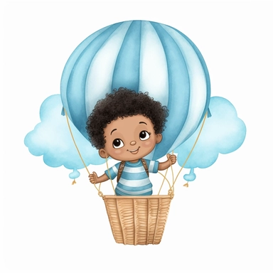 a little black baby boy in a hot air balloon, newborn infant boy smiling, afro, light blue, baby blue colors, watercolor clipart illustration