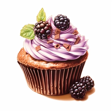 incredible detailed acrylic painted , dark chocolate cupcake with a beautiful decoration of dark brown chocolate cream with chocolate chips, one blackberry on top, small purple flower decor, clipart, hyperrealism, clear picture in high resolution, highlights , white background, appetizing, clear and contrast image, reflections, very detailed drawing, menu illustration, realism, high quality, lighting like in a photo studio, advertising, hd