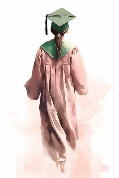 vector watercolor, full back view, drawing of dark skinned woman wearing a light green, dark pink and white cap and gown on graduation day clipart, front view, in style of Michiel van Huysum, subtle faded color variations, hyper-detailed hd clipart, on white background, spaced out