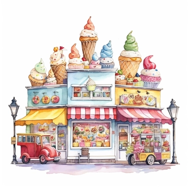 A retro-style ice cream parlor with old-fashioned sundaes, banana splits, and a colorful array of toppings, clipart, watercolor, white background, american style