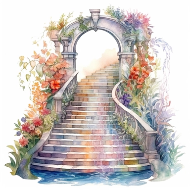 clipart, watercolor stair leading toward a waterfall, in the style of intricate, delicate flower and garden paintings, stone, rough clusters, small brushstrokes, arched doorways, colorful gardens, white background