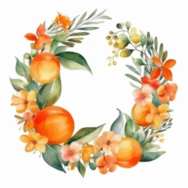 orange wreath, watercolor clipart, minimalist, bright colors, isolated white background, 8k