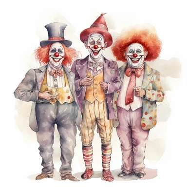 3 hand drawn vintage circus clowns acting silly , glamorous, soft, detailed and realistic, watercolor, clipart style, white background with margins