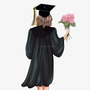 back of woman wearing a graduation cap and gown holding a bouquet of flowers and a scroll clip art 8k