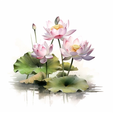 Top view, drone shot, lotus flowers with bud floating on the water artistic watercolor with a delicate touch with shadow gradation white background clipart high quality 8k hyper detailed