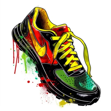 red and green Nike shoes black soles with yellow Stitching black shoelaces shiny vector clipart art in comic book style hand drawn water paint on a white background