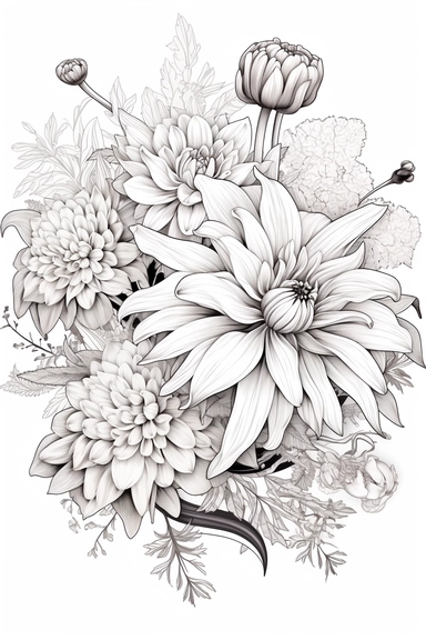 line drawing clipart of tulips and chrysanthemum in black and white