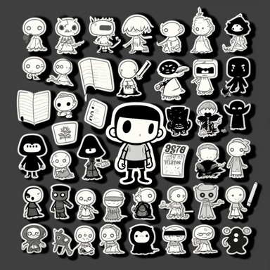 draw me 15 succint, seperated black and white stickers based on these keywords: stickers, black outline, stickers, robot monkey paladin 2d vector illustration sticker phone case stickers book journal stickers tiny stickers luggage stickers kpop stickers skateboard stickers mushroom stickers black cat stickers goth stickers anime stickers laptop anime decal stickers spooky stickers thank you stickers printable frog sticker frog stickers cute frog sticker cute frog toad sticker water bottle sticke