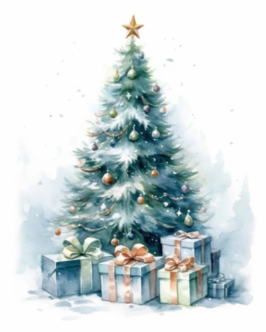 create a high quality watercolor clipart of a dreamy christmas tree with presents underneeth on the white background. The image needs to be high resolution.