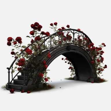 black Gothic Bridge Dark Fantasy Garden with red rose Clipart, white isolated background, space out, hd, 8k, realistic