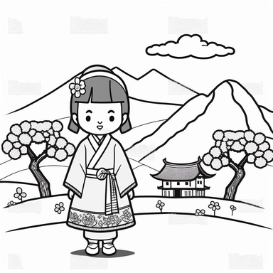 Landscape, simple, traditional costume, local food, animal, educational, history, and cultural diversity, clipart style, cute, picture book style, captivating, kid friendly cute character, black and white, coloring book, not color style, cartoon style, vector image, simple, line art style, character, white background, no noise, crisp thick lines, outline art