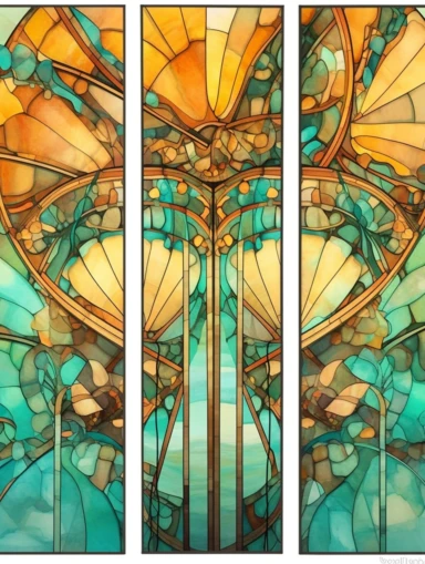 panel of amberwood, clipart, frontal, carousel, papers displayed like a fan, soft, flowing lines, elegant, Art nouveau, teal and amber color scheme, Alcohol ink watercolor, no background