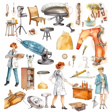 watercolor doctor related scenes , illustrations clipart set, simple, , cartoon elements ,different variants , nurse, doctor, stethtescope, mechanical body weighing scale, microscope, ,separate elements with a margin