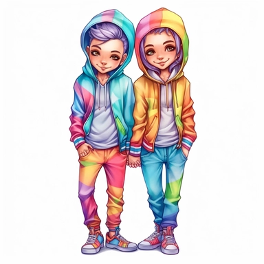 full body clipart of modern gay couple wearing rainbow clothes in Jasmine Becket-Griffith style, logo style, soft colors, clean edges, refined edges, stunning, captivating, contour, isolated white background