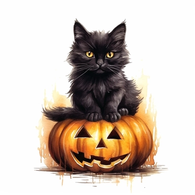 Black cat sitting in Jack - o' - lantern, halloween, isolated on white background watercolor, high detail, unique, intricate detail, hand Sublimation Clipart, Cartoon, hyper realistic, intricate detail, illustration style, high solution, on the white background