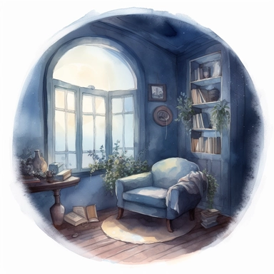 watercolour reading nook in a corner of a room, the area is dark and next to a window through which you can see the moon glowing, soft light illuminates the area, the scene has a fantasy whimsical feeling about it, a png image that can be used as clipart with white around the edges