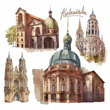 set of cliparts of Barcelona, most famous building, water color, faded, beautiful architecture