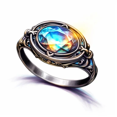 Craft an intriguing clipart of a mythical ring against a pristine white background. The ring should possess intricate designs and be encrusted with glistening gemstones. Let it emanate a soft, magical glow when worn, symbolizing the wearer's connection to mystical forces.