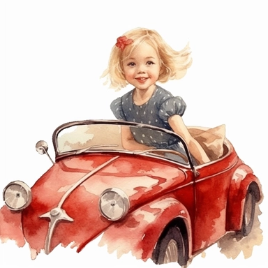 adorable cute vintage little girl in driving in cute red cabriolet, clipart style, watercolor technique, no background, super cute, high quality clipart