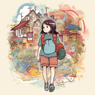 A detailed illustration of a Japanese kindergarten girl, going to school, wearing a cute backpack, style cartoon, colors, two-dimensional, planar vector, character design, T-shirt design, stickers, colorful splashes, and T-shirt design, Studio Ghibli style, soft tetrad color, vector art, fantasy art, watercolor effect, Alphonse Mucha, Adobe Illustrator, hand-painted, digital painting, low polygon, soft lighting, aerial view, isometric style, retro aesthetics, focusing on people, 8K resolution, u