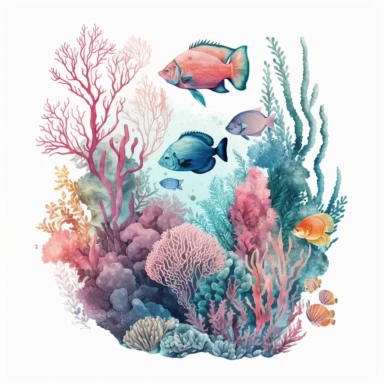 watercolor ocean coral reef with sea life and tropical fish clipart white backround