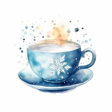 watercolor clipart of a cute charming cup of tea, sparkles, winter wonderland vibes, isolated on white background