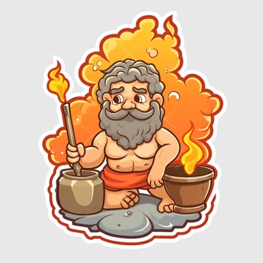 Sticker Clip Art of Hephaestus forging, Volcano, God Smith, ancient greece, children friendly, illustrated in a playful style with a friendly expression, perfect for any special occasion, cut out in the shape of Hephaestus and his Forge, Fire, with no visible background, giving it the appearance of a high quality sticker, conveying a mystical and whimsical mood, edited with Adobe Photoshop to adjust brightness and contrast, rendered as a transparent PNG file with a high resolution to ensure a cr