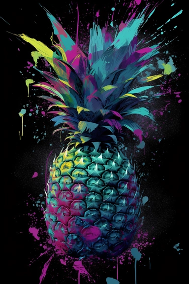 pineapple, clipart artwork print, a visually striking fusion of saturated colors like lime green, dazzling purple, and bold teal on a black canvas, chaotic elements blending seamlessly into an unexpectedly coherent design, showcasing the beauty of controlled chaos in wearable art