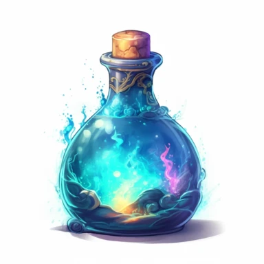 magical potion bottle, magical and mystical, video game style, clean and crisp, clipart, illustration, alchemical, smoke and embelishments, wizards potions, isolated on white background