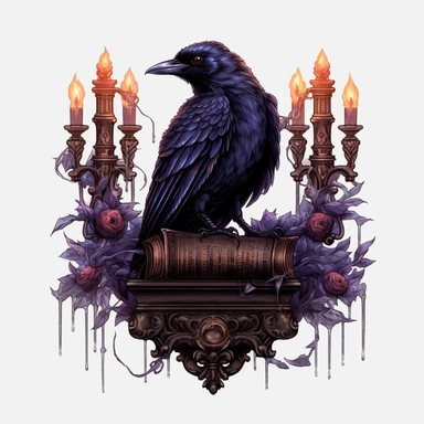 Watercolour dark fantasy black royal gothic deadly nightshade raven stood on dark magic books with deadly nightshade lantern magnificent gothic raven mesmerising compelling features perfect magnificent detailed wings beautiful compelling realistic eyes ultra highly detailed, 18k, sharp focus, bright photo with rich colours digitally enhanced, enhanced graphics, straight, sharp focus, bright lighting, intricate detailed png image ,high definition,300dpi,graphic clipart,computer graphics