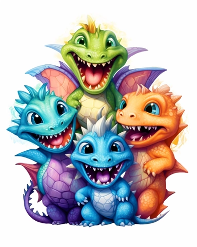 baby dragon laughing with 5 heads clipart multicolored