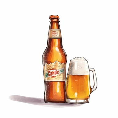 magazine editorial illustration, bottle of beer, white background, clip art