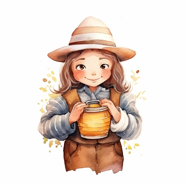 cute beekeeper holding honey, clipart, close-up, one illustration per image, watercolor, white background