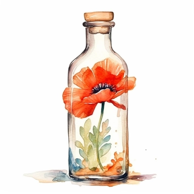 poppy ina glass bottle, clipart, watercolor, white background