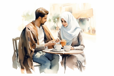 watercolor illustration of Saudi girl and a young man drink coffee in a cafe clipart white background, HDR, 8k