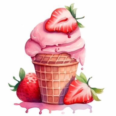 one Strawberry ice cream Watercolor Clipart On a white background , detailed background elements, playful and colorful depictions , no watermark, text, words, paintbrush, typography, the images do not stick together On a white background , in the style of jane newland, detailed background elements, playful and colorful depictions , no watermark, text, words, paintbrush, typography, the images do not stick together