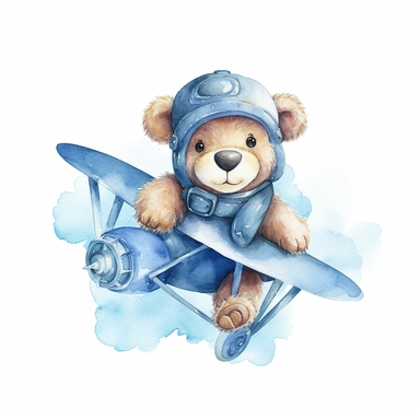 Watercolor Teddy Bear flying a Blue toy Aeroplane, Baby Shower for a boy, Clipart, smilling, sweet, cuddly, happy, playfull, playing, diffrent pose, Transparent background PNG
