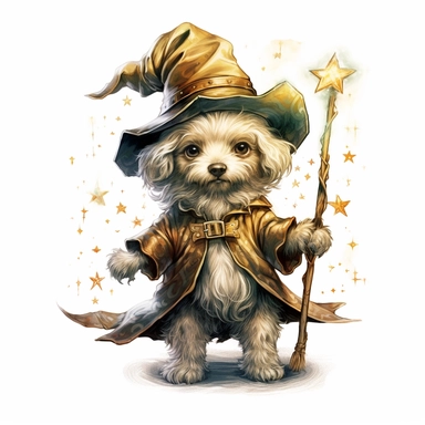 Adorable cute fantasy baby dog dressed like wizard standing in dynamic pose,front view,fullbody,sharp through out,happy expression, nursery art, clipart image, lineart image, white background, very detailed, 8k, composition wide shot
