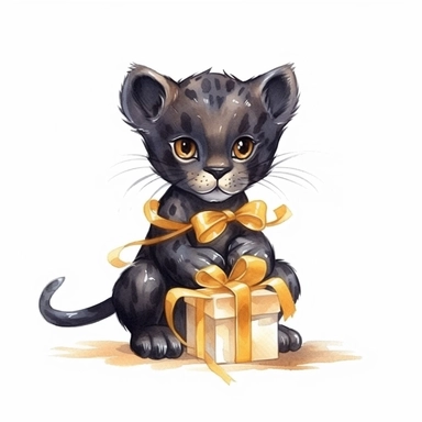 Cute cartoon black panther with gold bow clipart for childish cards and books, illustration style, on white background, 4k, detailed, hd, watercolor