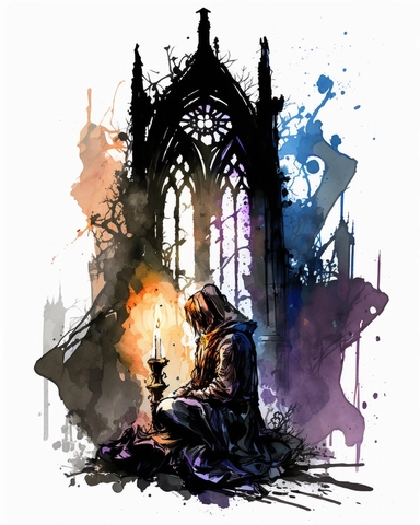 A haunting gothic cathedral with stained glass windows depicting twisted creatures, eerie candlelight casting ominous shadows, a solitary figure kneeling in prayer, Magical gothic watercolor clipart, painted with black ink and watercolor, white background, spaced out, fantasy