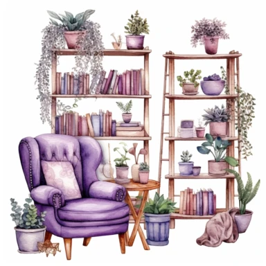 A boho style library corner with watercolor effect, boho furniture, details, boho colors, suitable for digital clipart, white background, boho style purple tones plants, on the white background, hd