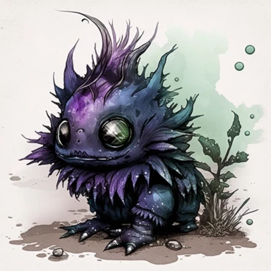 ink wash cute creature clipart on transparent background, rodney matthews style, no splash, black inky blue purple violet green, single sheet, 4k