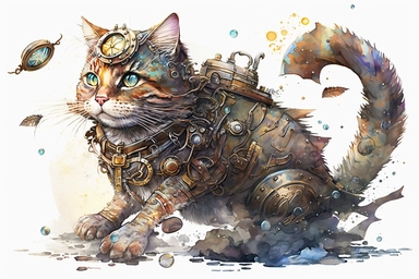 watercolor clipart, A beautiful cat with a steampunk-style mechanical fish in its paws, hd, on white background,