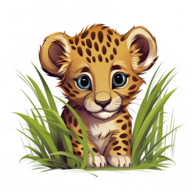 cute leopard cub, peering out from behind tall grass, ready to embark on an adventure, bold colors, clipart, on a white background