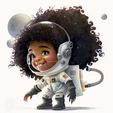 Happy Black Girl Astronant on the moon ,Cheer full , Curly hair, Black Girl clipart, Funny African American Girl , Humorous , funny , smiling in outter space, wearing a spacesuit , moon child png, Highly detailed close-up portrait , African american Astronaut Girl , Black Girl on the moon , , standing on the moon , Nicoletta Ceccoli, Mark Ryden, lostfish, Earl Nor, global lighting, divine rays, detailed and intricate surroundings, sf, intricate artwork masterpiece, ominous, matte painting movie 