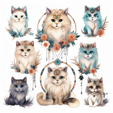 boho style clipart, ragdoll cats, ragdoll kittens, white background, space between elements, 9 elements