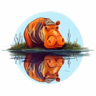 curious HIPPOPOTAMUS, common hippopotamus, curiously observing its reflection in the water, designed by artist Frida Kahlo, introspective and symbolic art style, clipart, on a white background