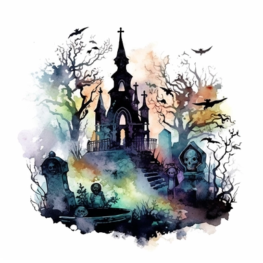 isolated clipart showcasing a spooky gothic haunted graveyard isolated on white background, graveyard appearing as if it were taken from a fairy tale, adorned with ornate tombstones, turrets, and ivy-covered walls, their silhouettes casting elongated shadows on the mist-covered ground below, the forest enveloped in an otherworldly glow, watercolor painting, ethereal washes of color capturing the magical atmosphere,